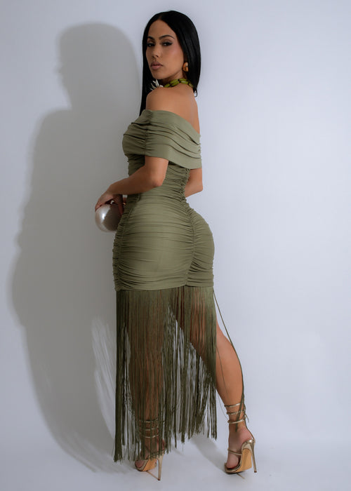 Sage Serenade Ruched Fringes Maxi Dress Green, side view, showing off the ruched detailing and fringe accents