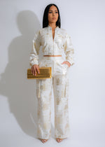 Two-piece cargo pant set in luxurious gold with shimmering details 