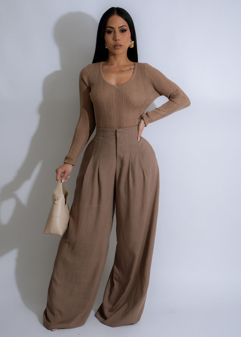 Close-up image of Serene Flow Ribbed Linen Pant Set in rich brown color, featuring a comfortable, relaxed fit with ribbed texture and stylish design 