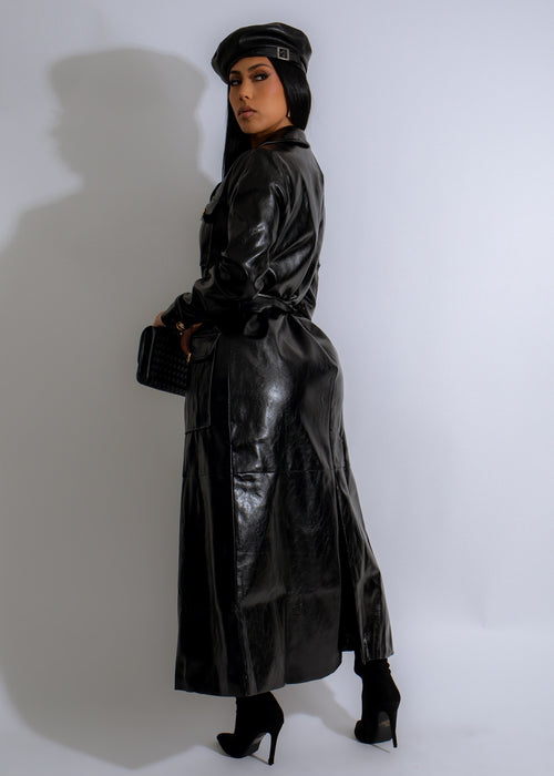  Elegant and chic black Obsidian Luxe faux leather coat with luxurious design