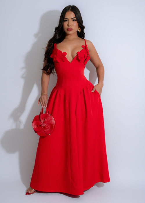 Petal Serenade Floral Maxi Dress Red, a stunning red floral dress with flowing skirt and delicate petal details