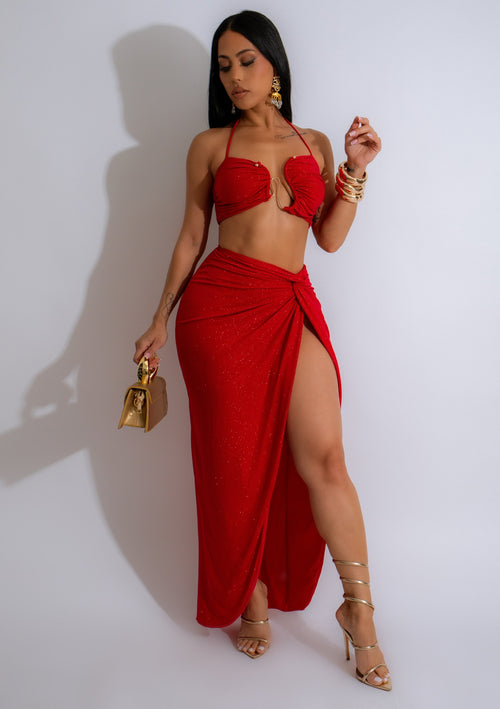 Red glitter skirt set with wave design, perfect for dancing 