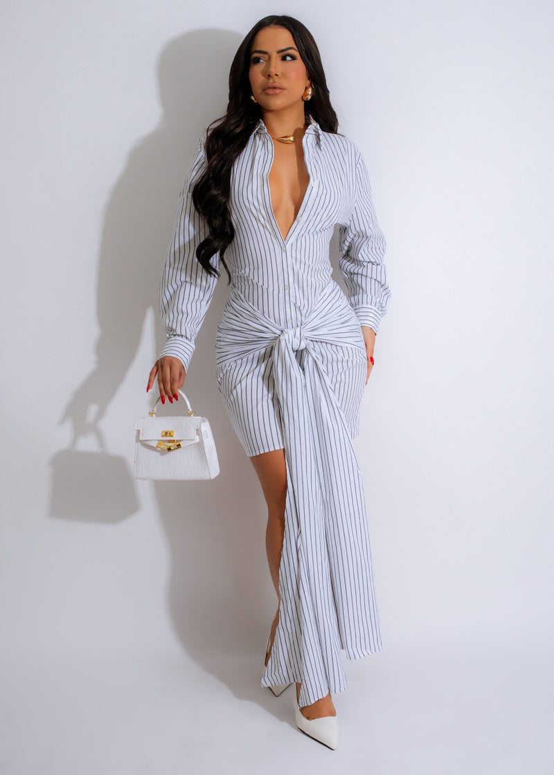 Pinstripe Elegance Mini Dress White with Slim Fit and V-neckline