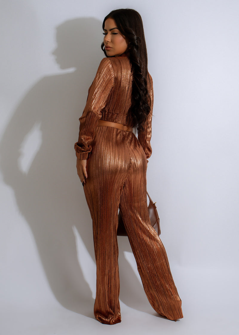 Two-piece pant set in rich brown with metallic sheen, perfect for casual or dressy occasions