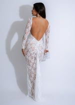 Close up of the intricate lace detailing on the Obsidian Flora Lace Ruched Maxi Dress White