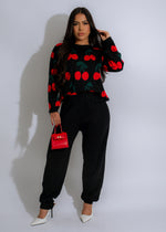 Sweet Orchard Cherry Lounge Knit Pant Set Black with comfortable elastic waistband and cherry print design 