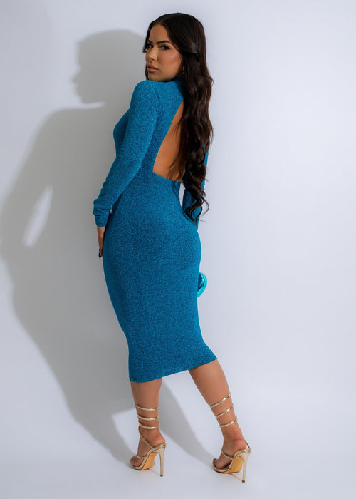  Twilight Glamour Midi Dress Blue, a sophisticated and glamorous attire featuring a deep blue color and intricate design, ideal for making a statement at any upscale event