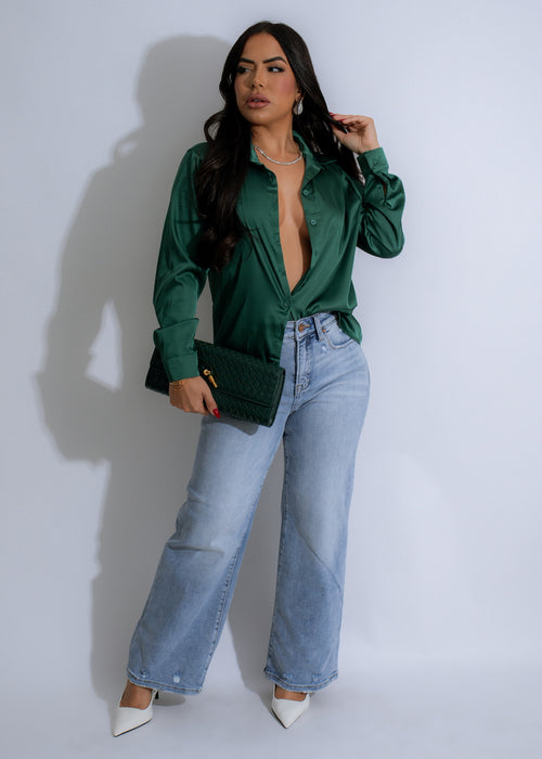 Eclipse Essence Satin Button Down Top in a vibrant shade of green, perfect for casual or formal occasions