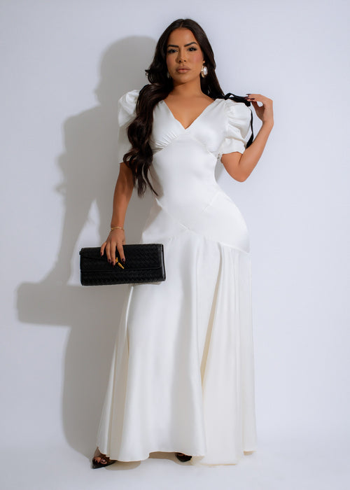 Ribbon Elegance Satin Maxi Dress White with V-neck and spaghetti straps