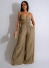 Full-length brown Oasis Jumpsuit with tie waist and deep pockets