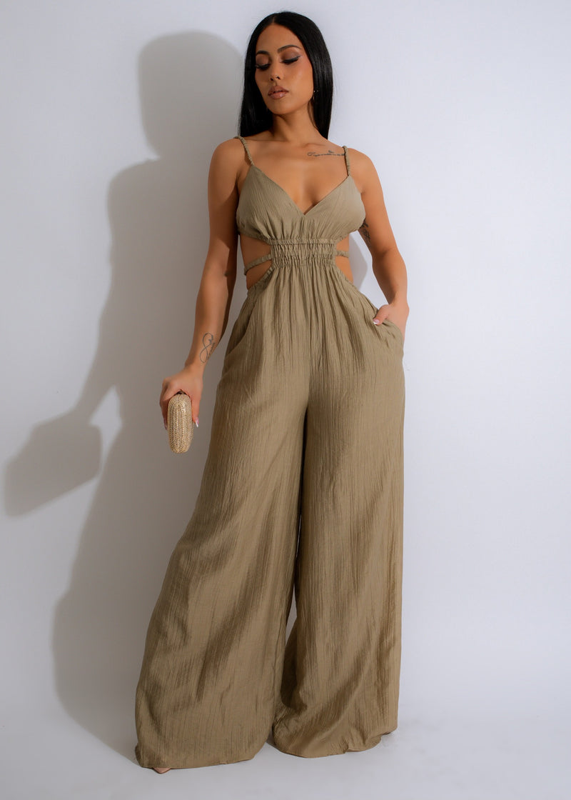 Full-length brown Oasis Jumpsuit with tie waist and deep pockets