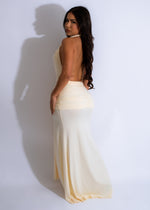 Solstice Elegance Ruched Maxi Dress Yellow, side view, ruched bodice and flowing skirt