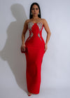 Blooming Radiance Rhinestones Maxi Dress Red, a stunning evening gown with intricate rhinestone detailing and a vibrant red color