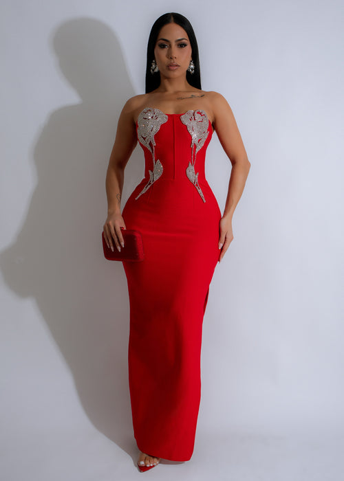 Blooming Radiance Rhinestones Maxi Dress Red, a stunning evening gown with intricate rhinestone detailing and a vibrant red color