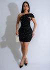 Dusk Adorned Pearl Mini Dress Black, front view, with delicate pearl embellishments and elegant design