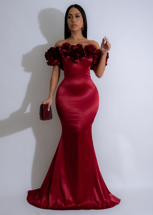 Rosette Majesty Satin Floral Maxi Dress Red, full-length front view with elegant floral pattern and flowing satin fabric