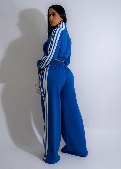  Blue striped pant set featuring a trendy and modern design for the fashion-forward individual