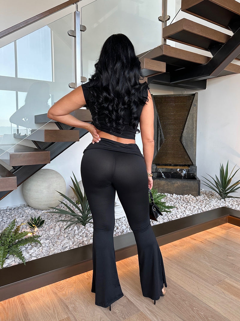 Black Enchanted Drape Ruched Pant Set with a stylish and elegant design