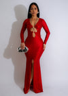 Close-up of Scarlet Mirage Mesh Maxi Dress Red with intricate lace details and plunging neckline 