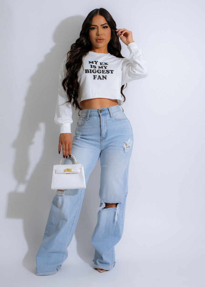 My Ex is a Fan Sweater White - a cozy and stylish white sweater with a bold, eye-catching design perfect for any casual outfit