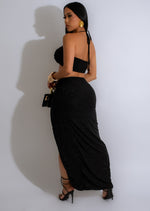 Black glitter skirt set with a wave pattern, perfect for glamorous parties and events