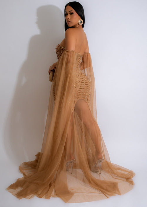 Close-up of the shimmering rhinestone embellishments on the bodice of the Maximum Radiance Rhinestone Maxi Dress Nude