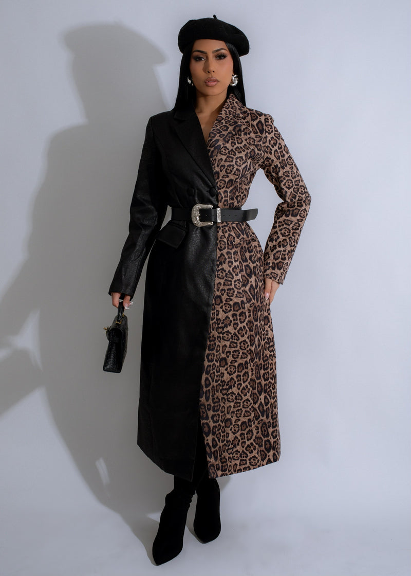 Fierce Duality Leopard Coat Black with luxurious fur and bold print