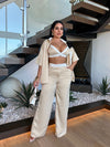 Sophisticated and stylish nude satin pant set, perfect for relaxing at home or for a special occasion