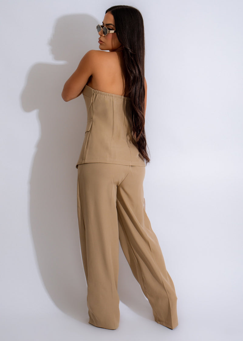  Matching pants and top set in nude color, perfect for Parisian-inspired style