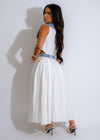 White midi dress with a flattering A-line silhouette and adjustable tie waist detail