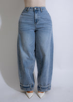 Front view of Skyline Tapered Jeans Light Denim with slight distressing and faded wash