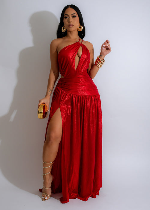 Nocturnal Elegance Maxi Dress Red: A stunning red evening gown with elegant lace detailing and a flowing silhouette, perfect for formal events or special occasions