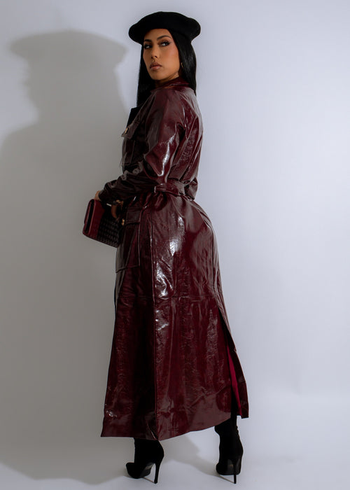  Side view of the Obsidian Luxe Faux Leather Coat Red, showcasing its rich crimson hue and high-quality textured material