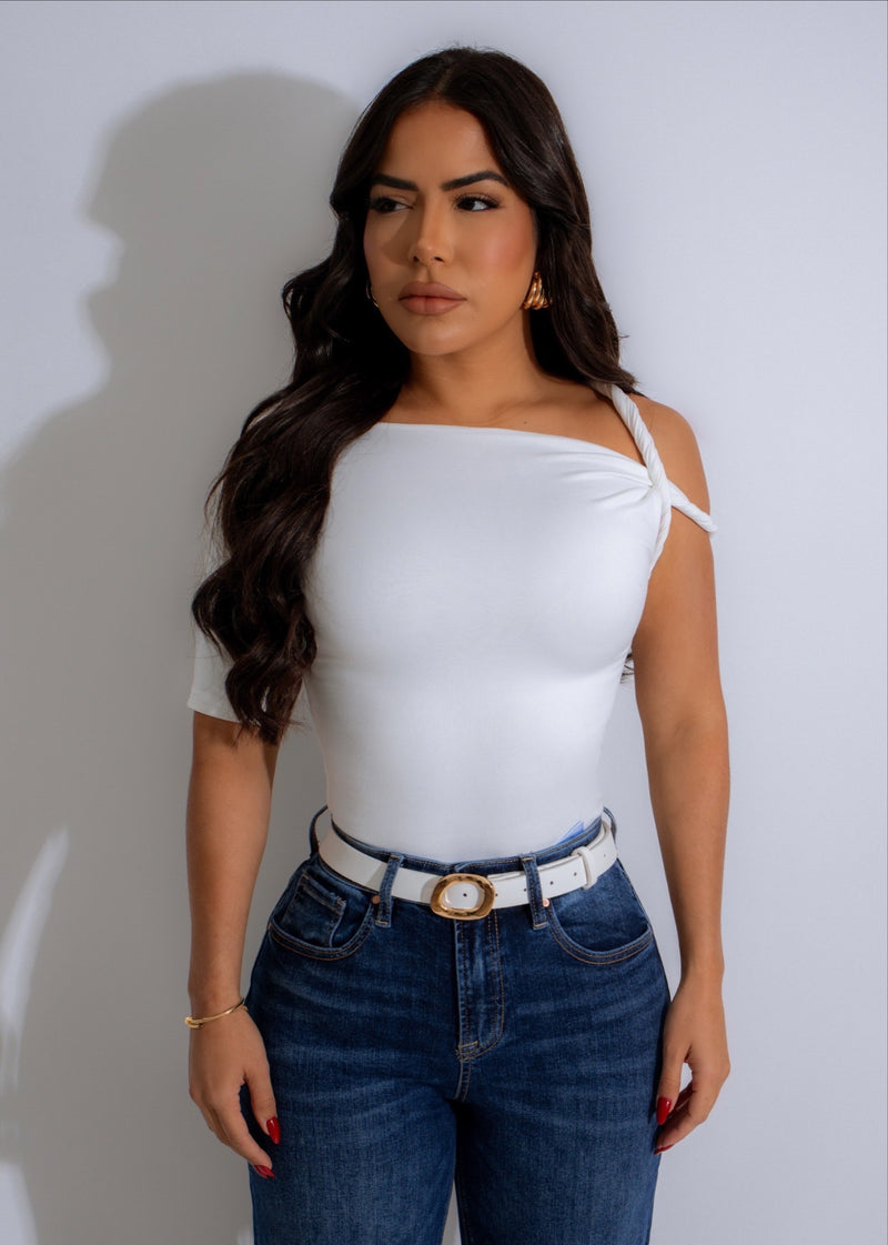 Knotted Grace Long Top White, a stylish and versatile top for women