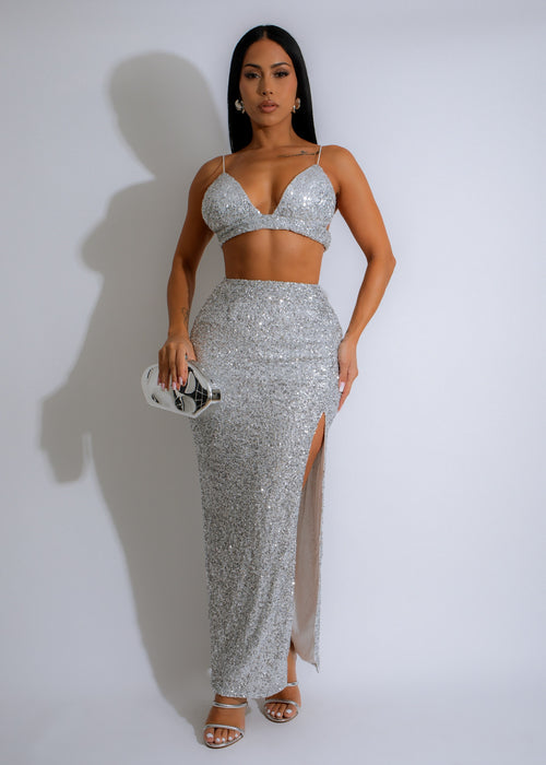 Stunning silver sequin skirt set with shimmering stardust details