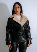 Black Stormhaven Faux Leather Jacket with Zipper Accents and Belt Detail