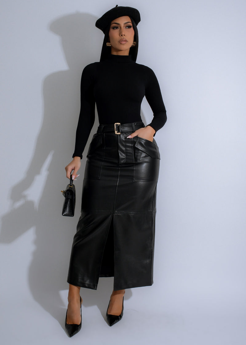 Black faux leather skirt with a utility design, perfect for versatile styling