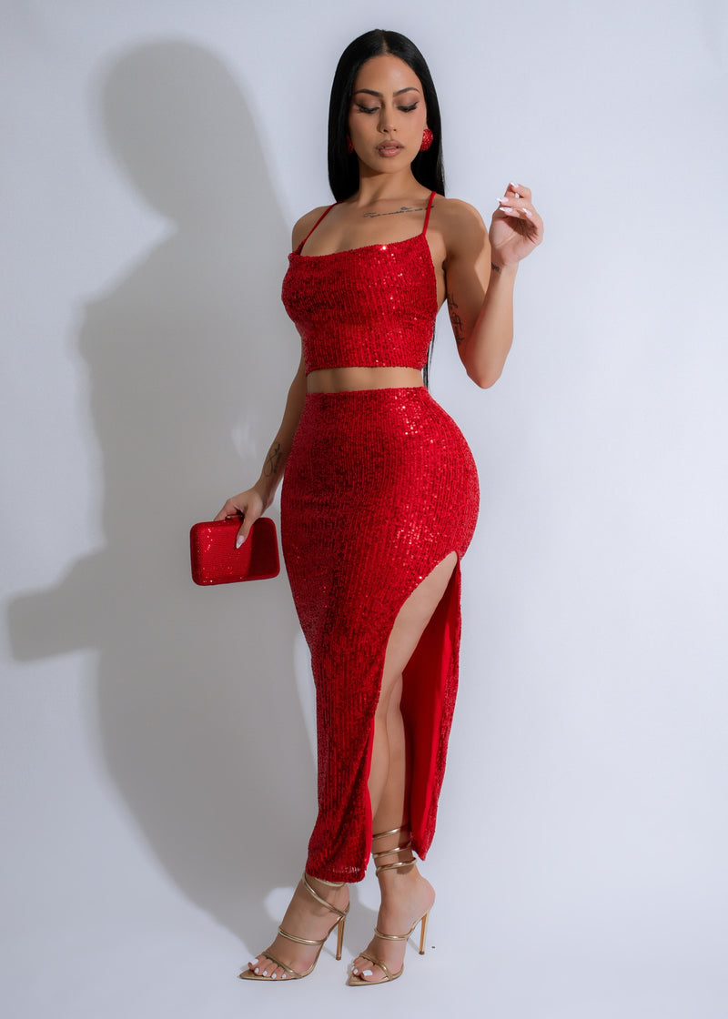 Midnight Radiance Sequin Skirt Set Red, a glamorous and shimmering ensemble for evening events