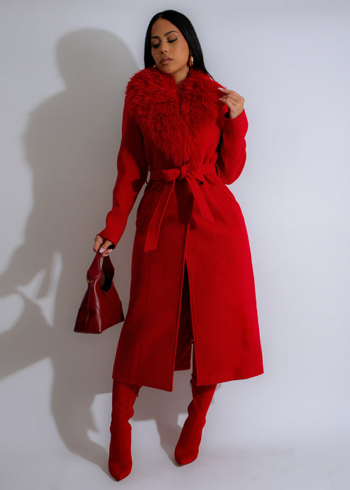 Stunning Regal Luxe Coat in vibrant red, made with high-quality materials and elegant design details, perfect for formal occasions and adding a pop of color to your winter wardrobe