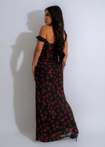  Elegant and flowy black maxi dress with crimson floral print