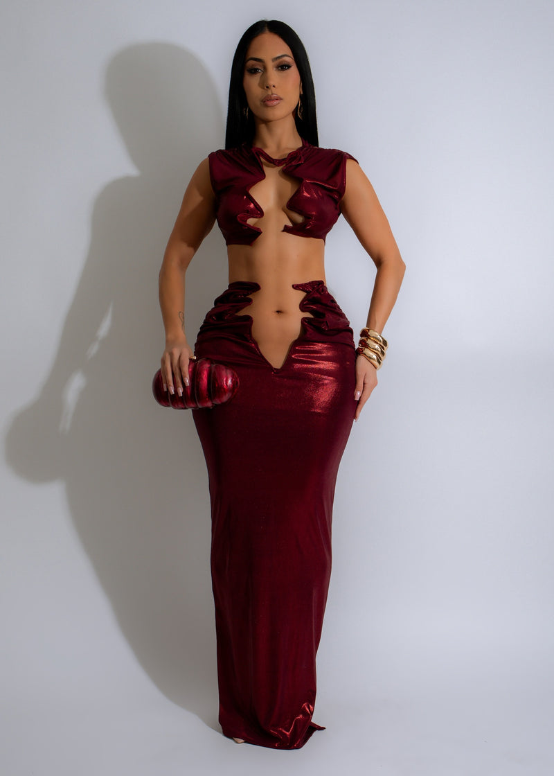 Molten Desire Ruched Skirt Set Red, a stunning two-piece outfit with ruched detailing and vibrant red color, perfect for a night out or special occasion 