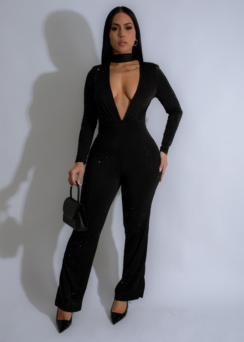 Inferno Nights Rhinestone Jumpsuit Black with plunging neckline and sheer sleeves