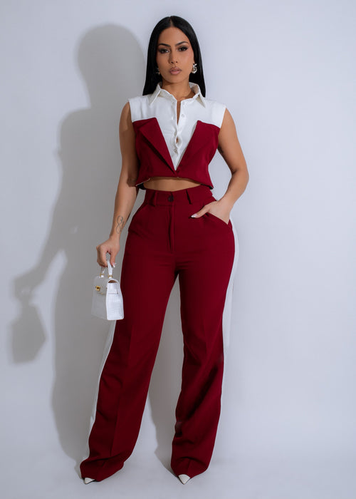 Dual Essence Pant Set Red in size small, with matching red crop top and high-waisted flare pants for a stylish and coordinated look