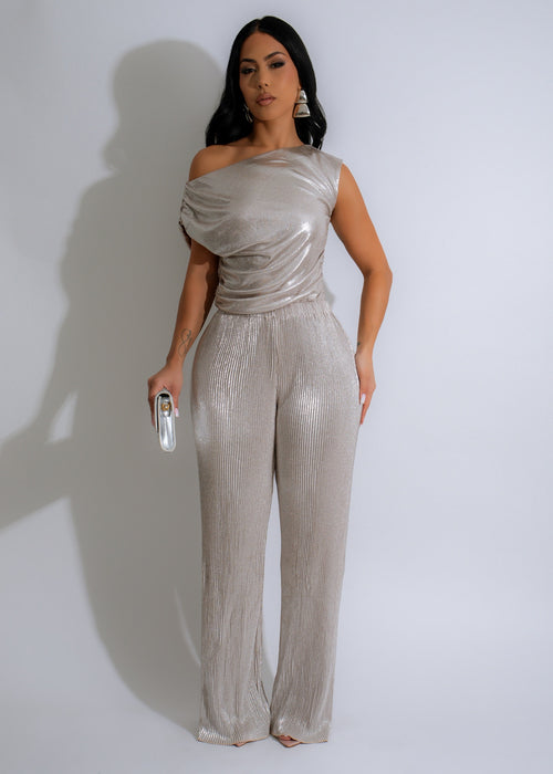 Luxe Luster Ruched Pant Set Silver with metallic sheen and elegant ruched design