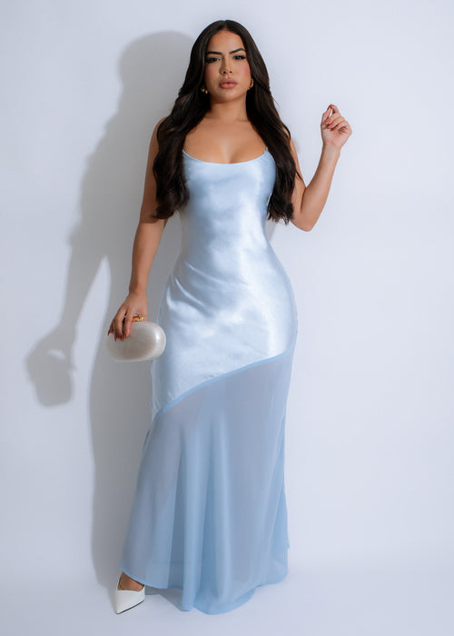 Beautiful blue satin maxi dress with celestial-inspired design, perfect for special occasions