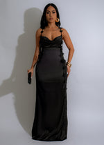 Crimson Embrace Satin Maxi Dress Black, a sophisticated and stylish black dress featuring a flowing skirt and a sleek satin fabric, ideal for evening parties or upscale gatherings