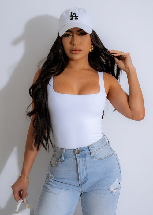 White So Basic Bodysuit featuring a scoop neck and snap closure