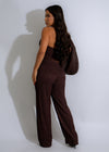  Two-piece outfit with ruffled top and matching pants in a rich dark brown color