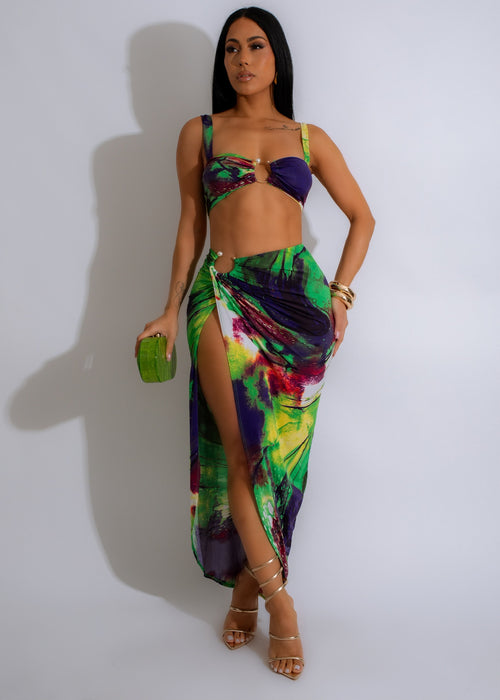 Vivid Swirl Skirt Set Green, front view on model walking in a garden