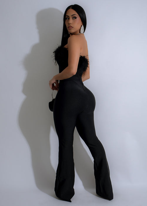 Sleeveless Feathered Allure Jumpsuit Black with plunging neckline and wide-leg pants